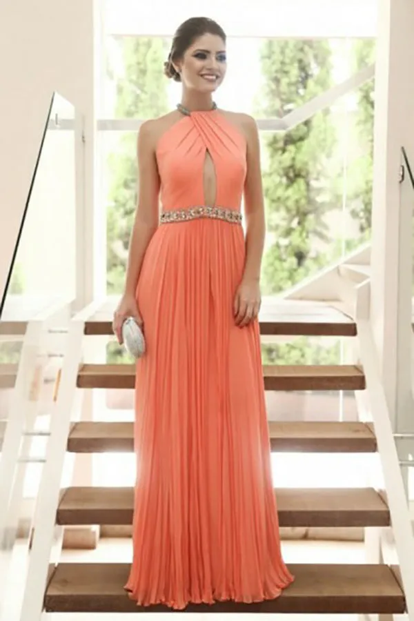 A-Line Jewel Floor-Length Coral Chiffon Keyhole Prom Dress with Beading LRA199
