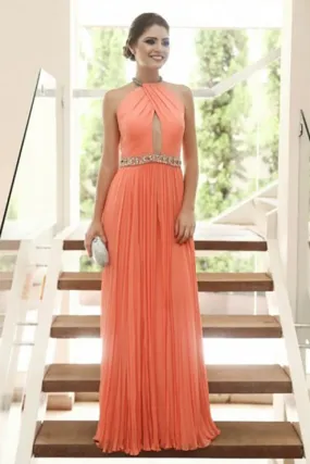 A-Line Jewel Floor-Length Coral Chiffon Keyhole Prom Dress with Beading LRA199