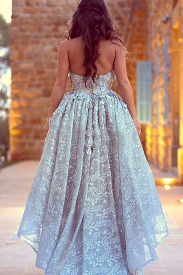 A-Line Sweetheart High Low Blue Lace Sleeveless Vintage Prom Dress with Appliques LR150