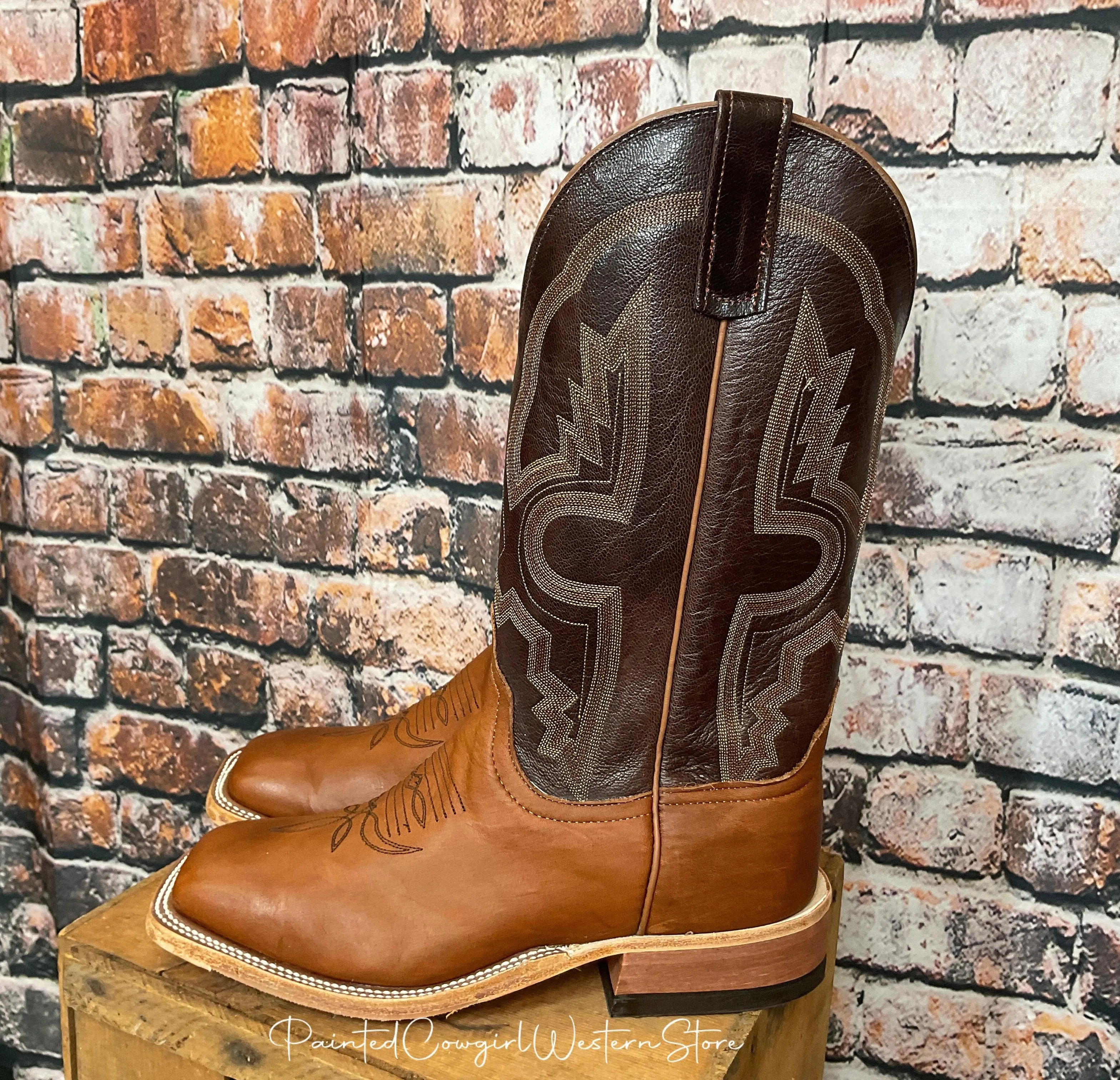 Anderson Bean Men's Cuoio Bella Leather & Chocolate Krash Square Toe Cowboy Boots 333570