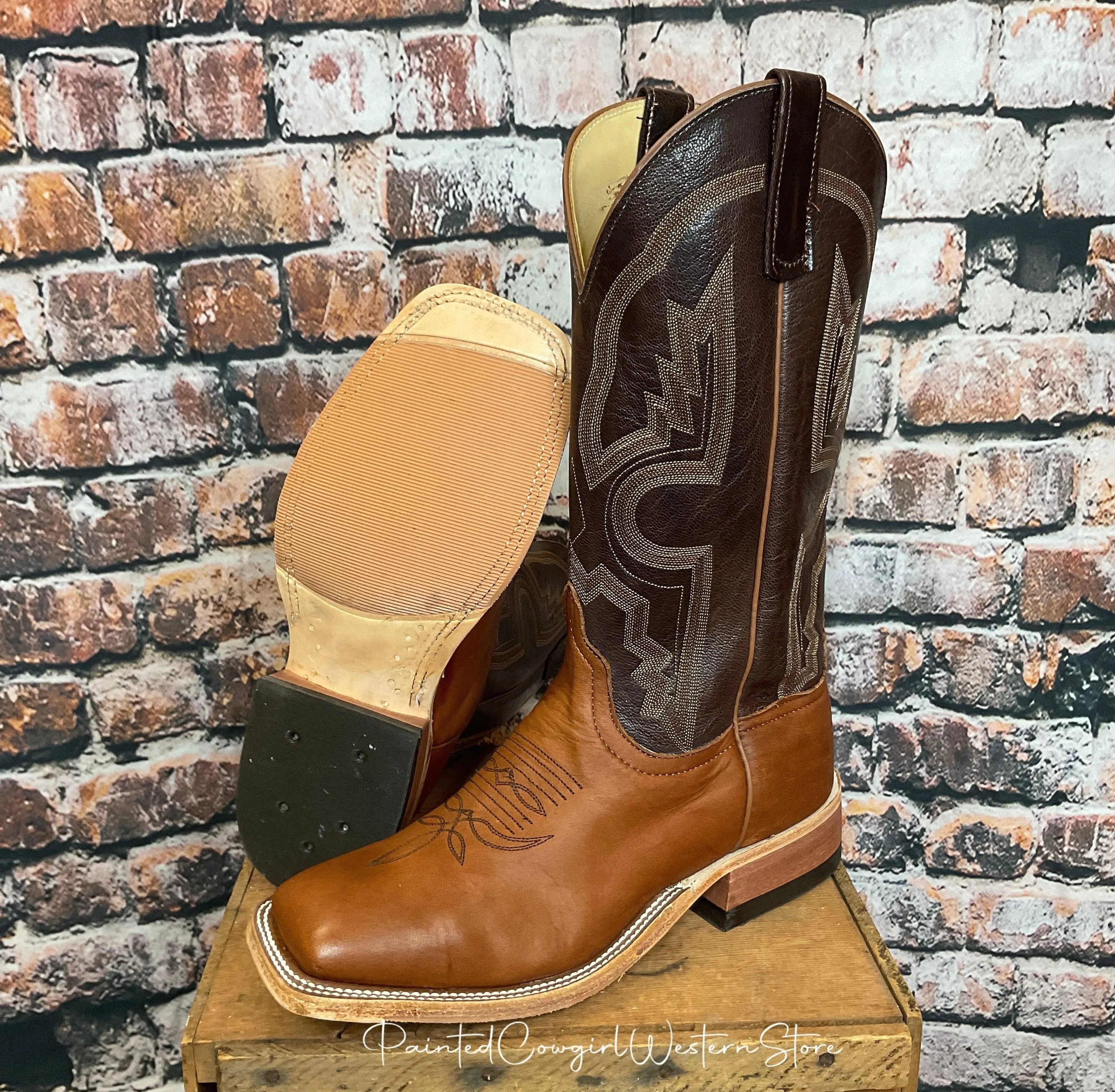 Anderson Bean Men's Cuoio Bella Leather & Chocolate Krash Square Toe Cowboy Boots 333570