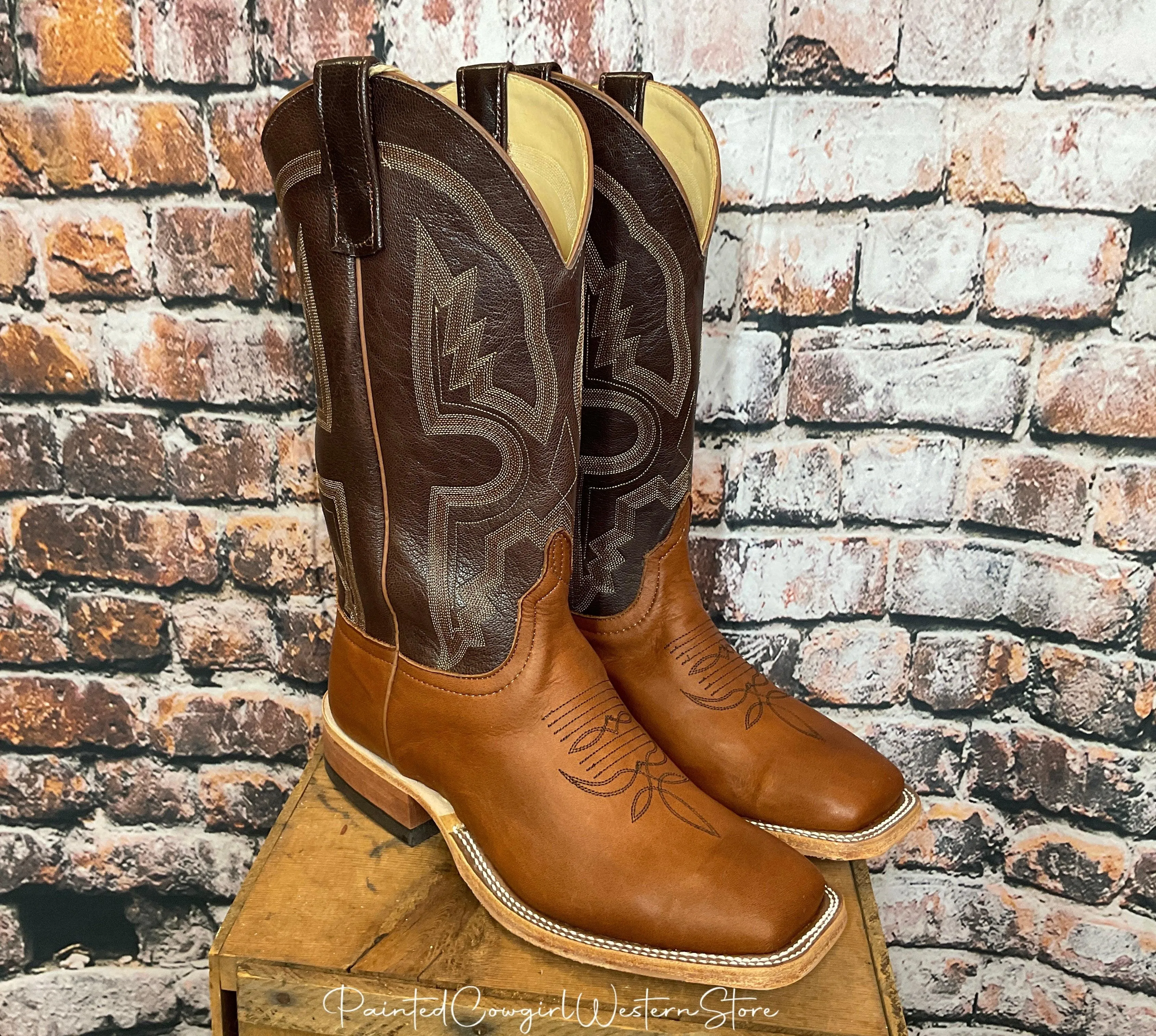 Anderson Bean Men's Cuoio Bella Leather & Chocolate Krash Square Toe Cowboy Boots 333570