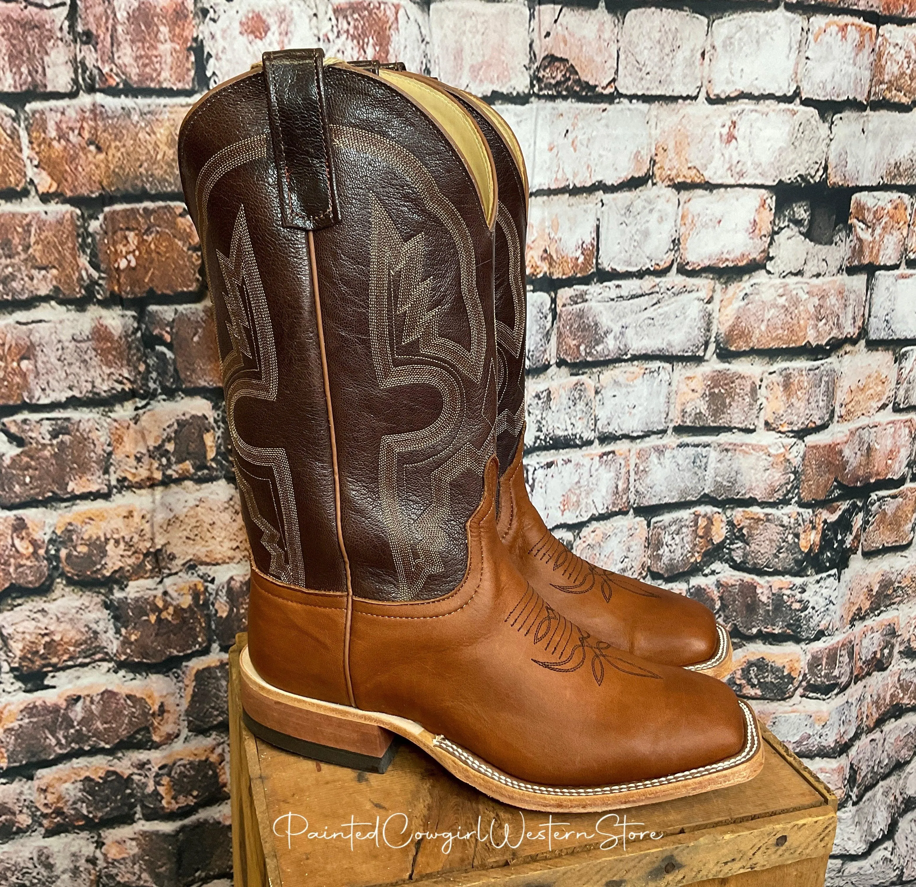Anderson Bean Men's Cuoio Bella Leather & Chocolate Krash Square Toe Cowboy Boots 333570