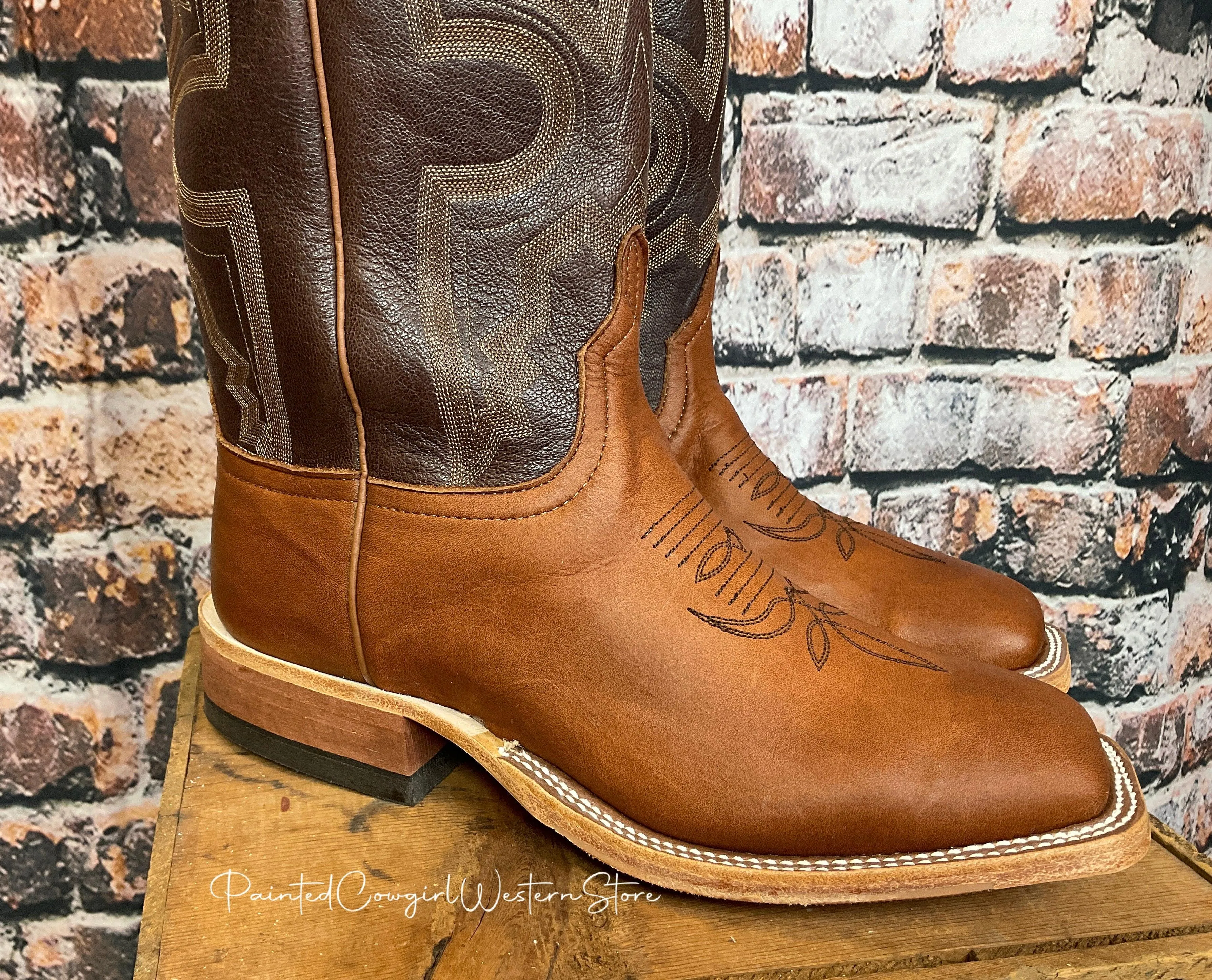 Anderson Bean Men's Cuoio Bella Leather & Chocolate Krash Square Toe Cowboy Boots 333570
