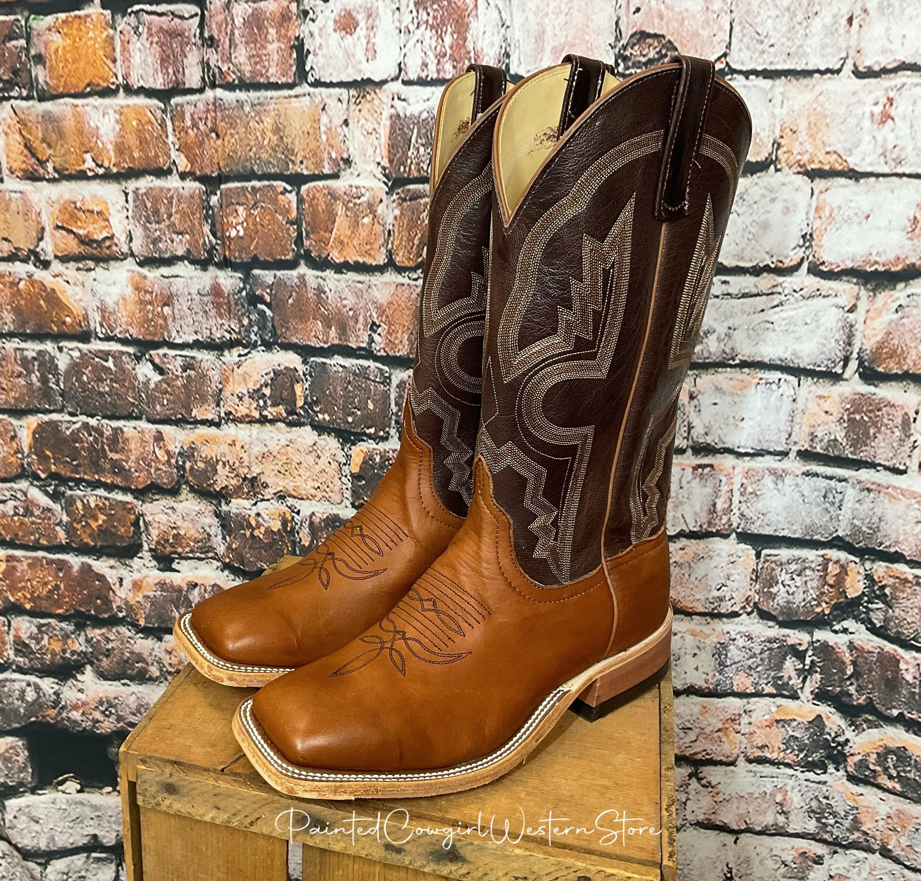 Anderson Bean Men's Cuoio Bella Leather & Chocolate Krash Square Toe Cowboy Boots 333570