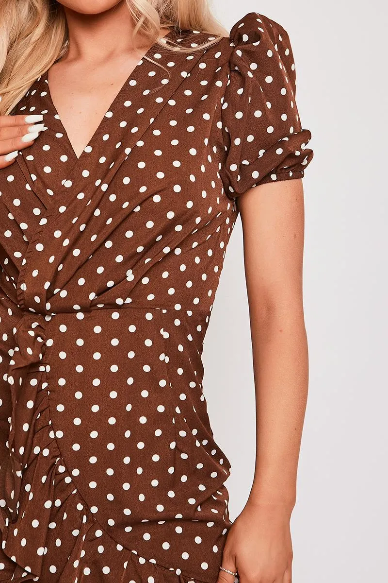 Anjelica - Chocolate Polka Dot Puff Sleeve Mini Dress