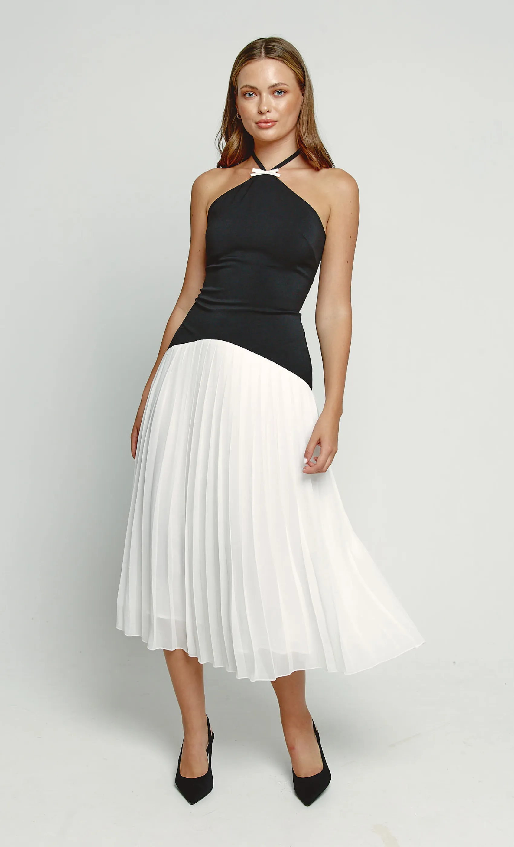 Black & White Drop Waist Pleated Midi Dress