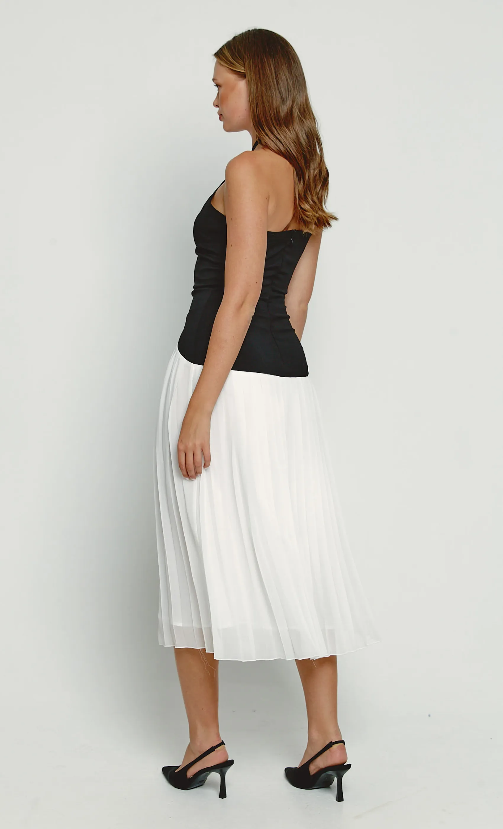Black & White Drop Waist Pleated Midi Dress