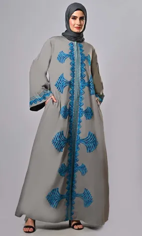 Designer Islamic Mughal Aari Work Detailing Abaya With Pockets