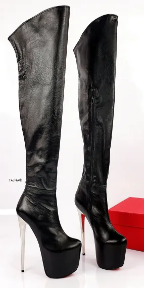 Genuine Leather Metallic Heel Black Boots