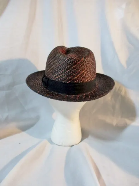 GENUINE PANAMA ENGLAND Natural STRAW Sun Hat Brim 7 1/8 BLACK Fedora Woven