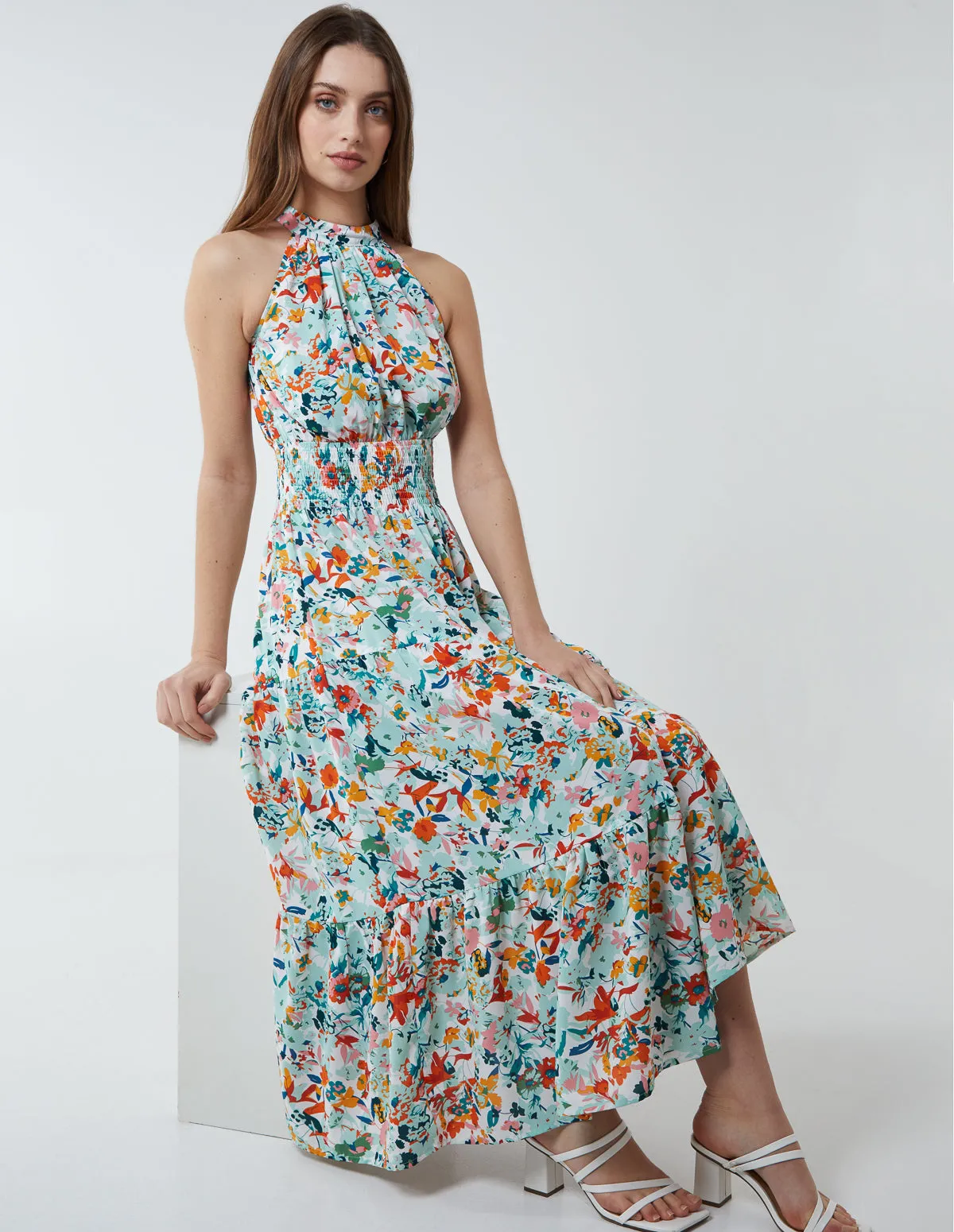Halterneck Shirring Waist Midi Dress