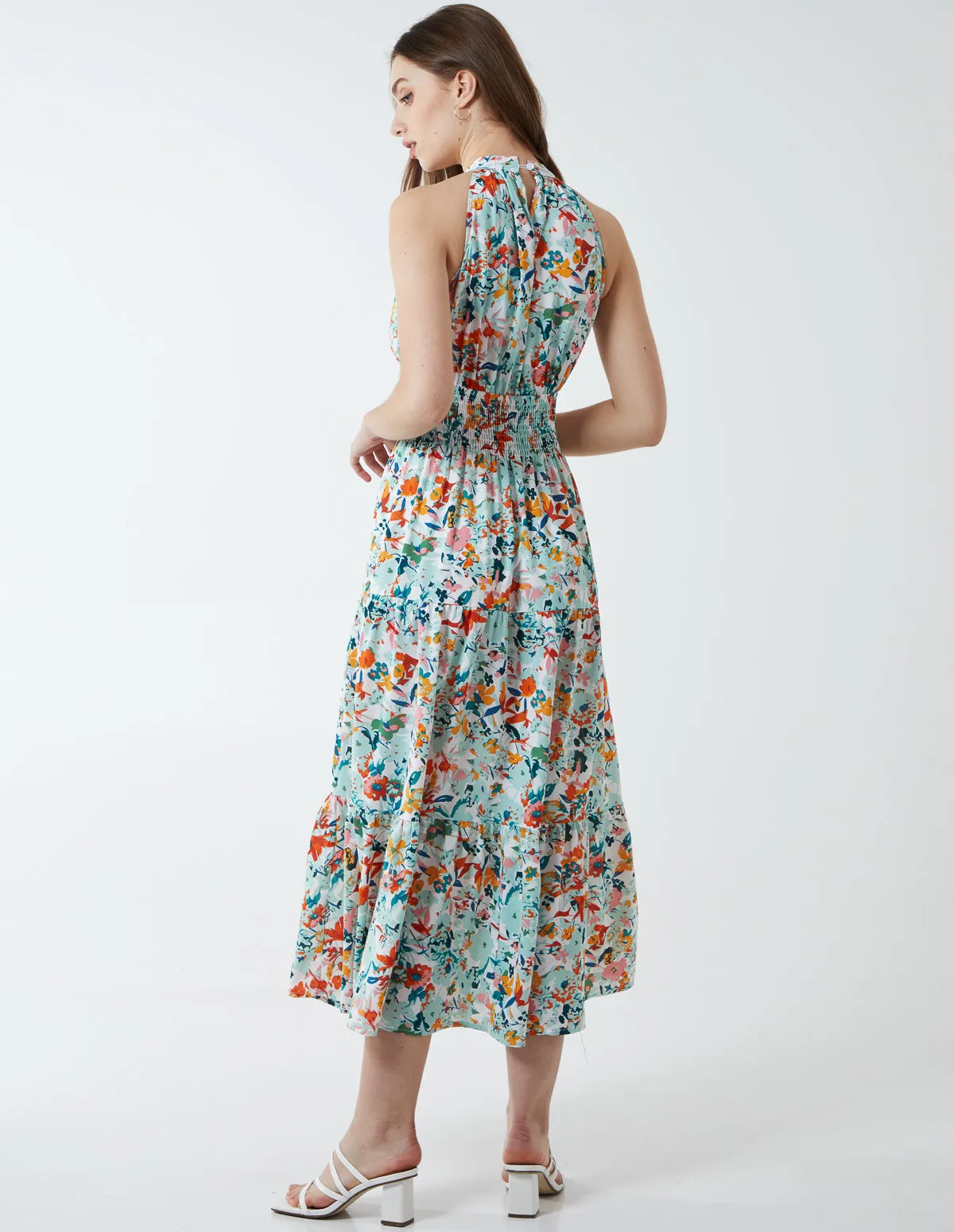 Halterneck Shirring Waist Midi Dress