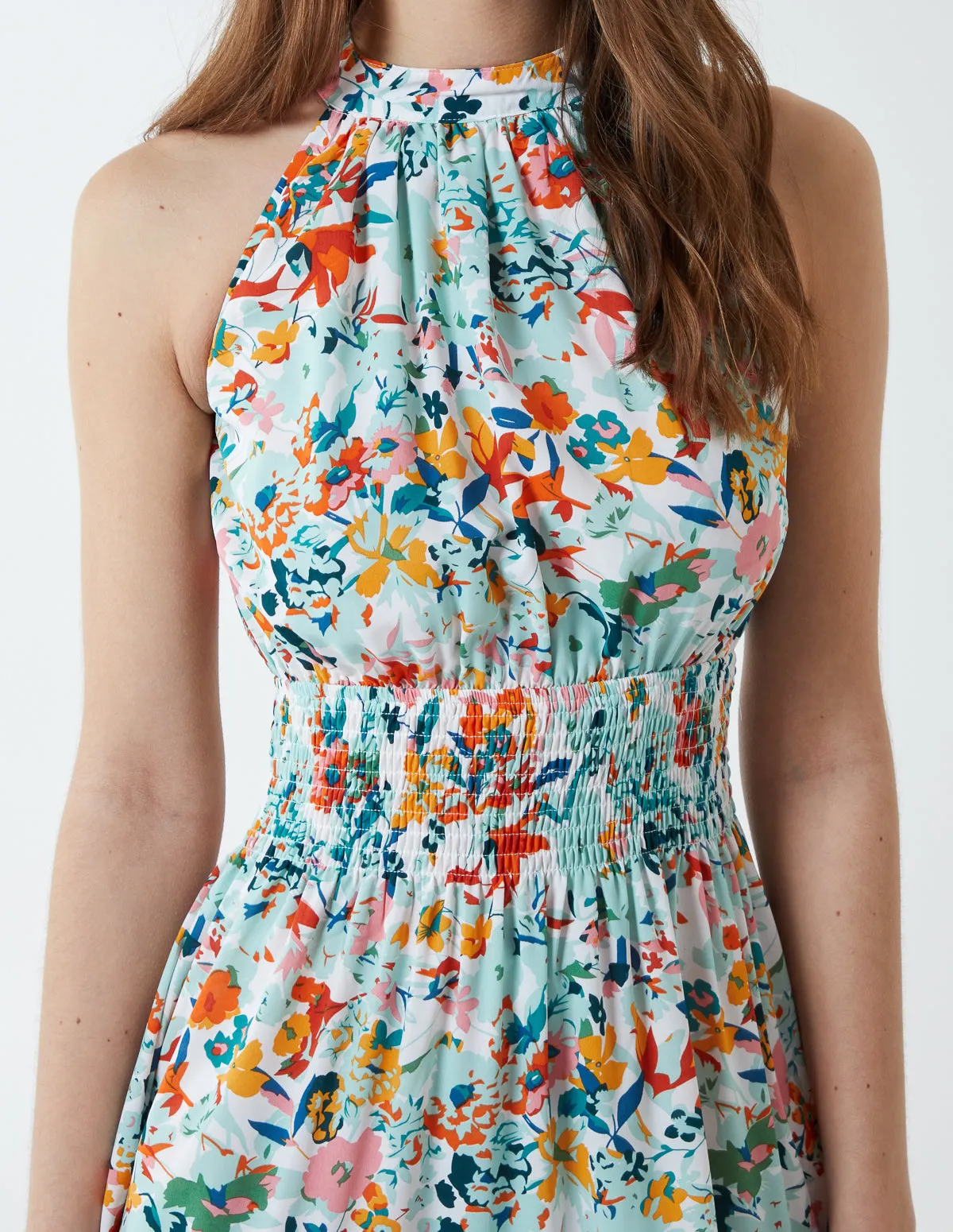 Halterneck Shirring Waist Midi Dress