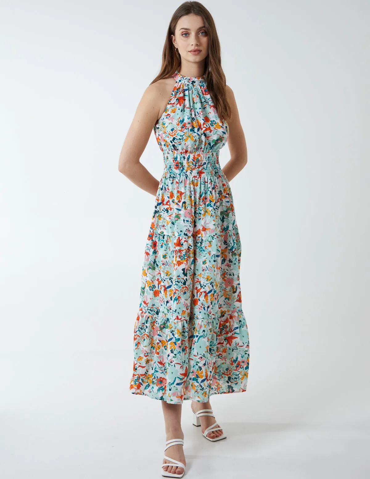 Halterneck Shirring Waist Midi Dress