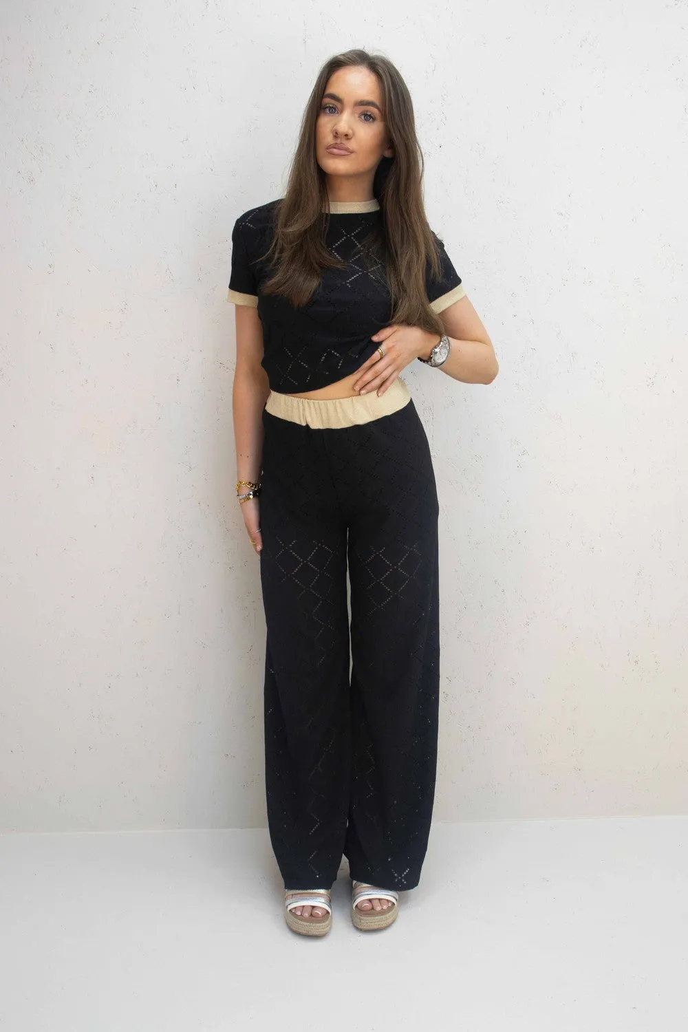 Kalli Black Mesh Diamond Design Top and Trouser Co-Ord Set