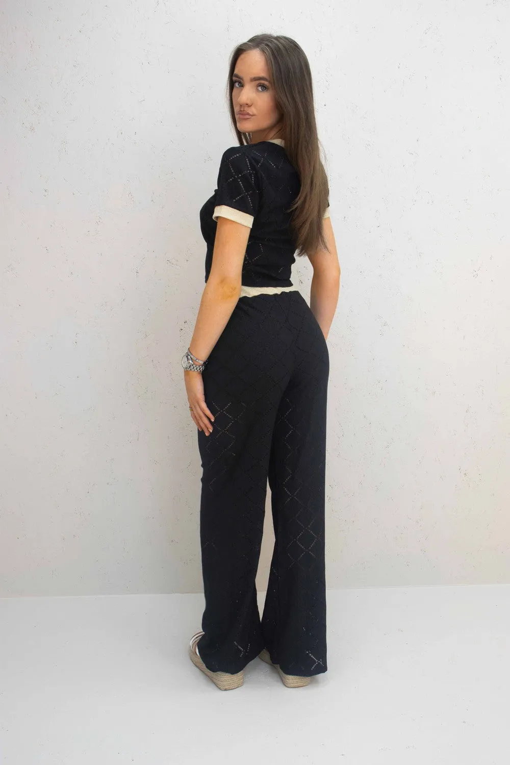 Kalli Black Mesh Diamond Design Top and Trouser Co-Ord Set