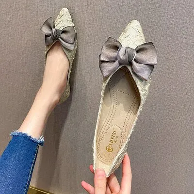 Point Shoes for Women Flat Heel Bowtie Silk Cloth Evening Shoes Lady Flat Bottom Scoop Shoes Large Size 44 45 46 31 32 33