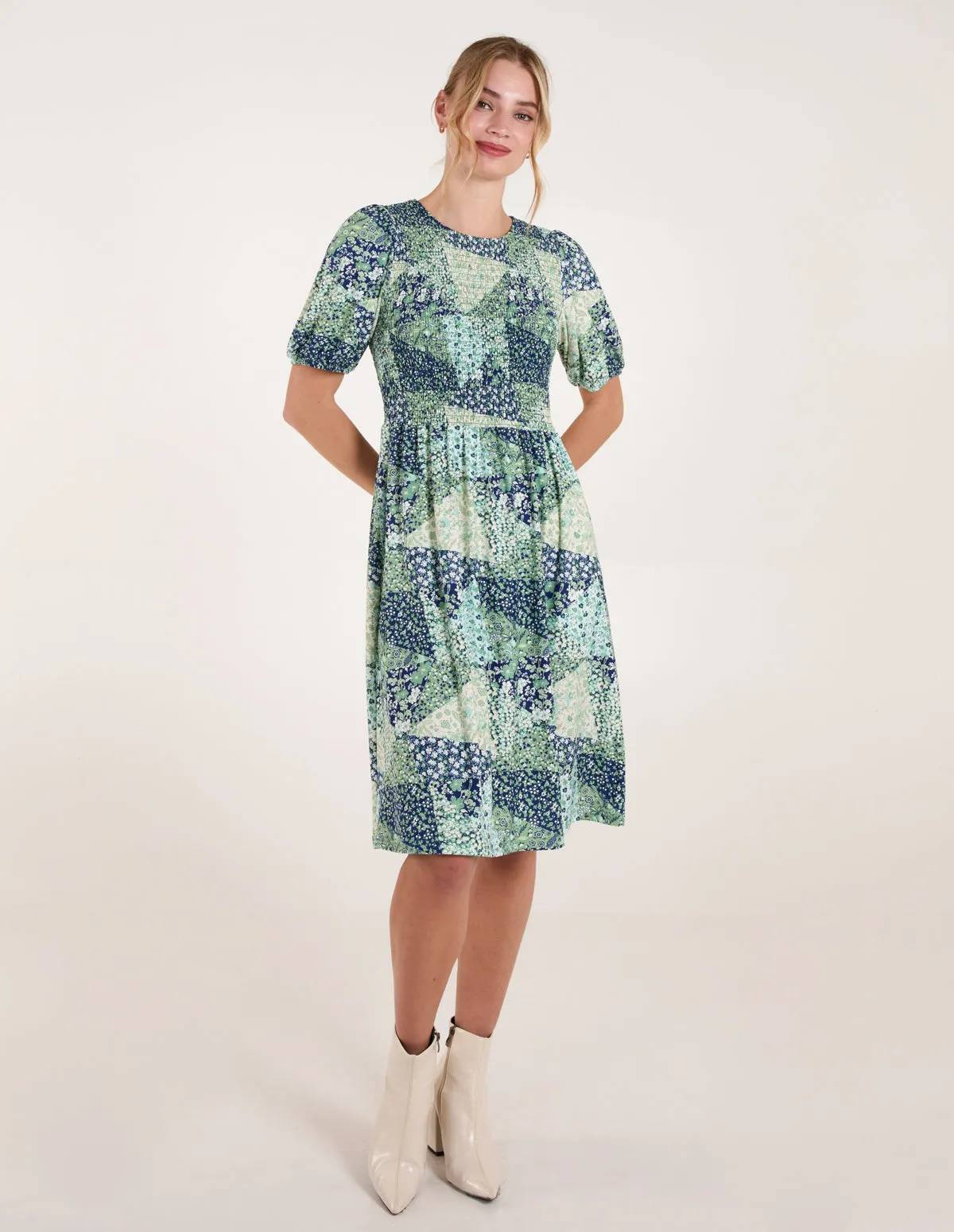 Shirred Bust Puff Sleeve Patchwork Mini Dress
