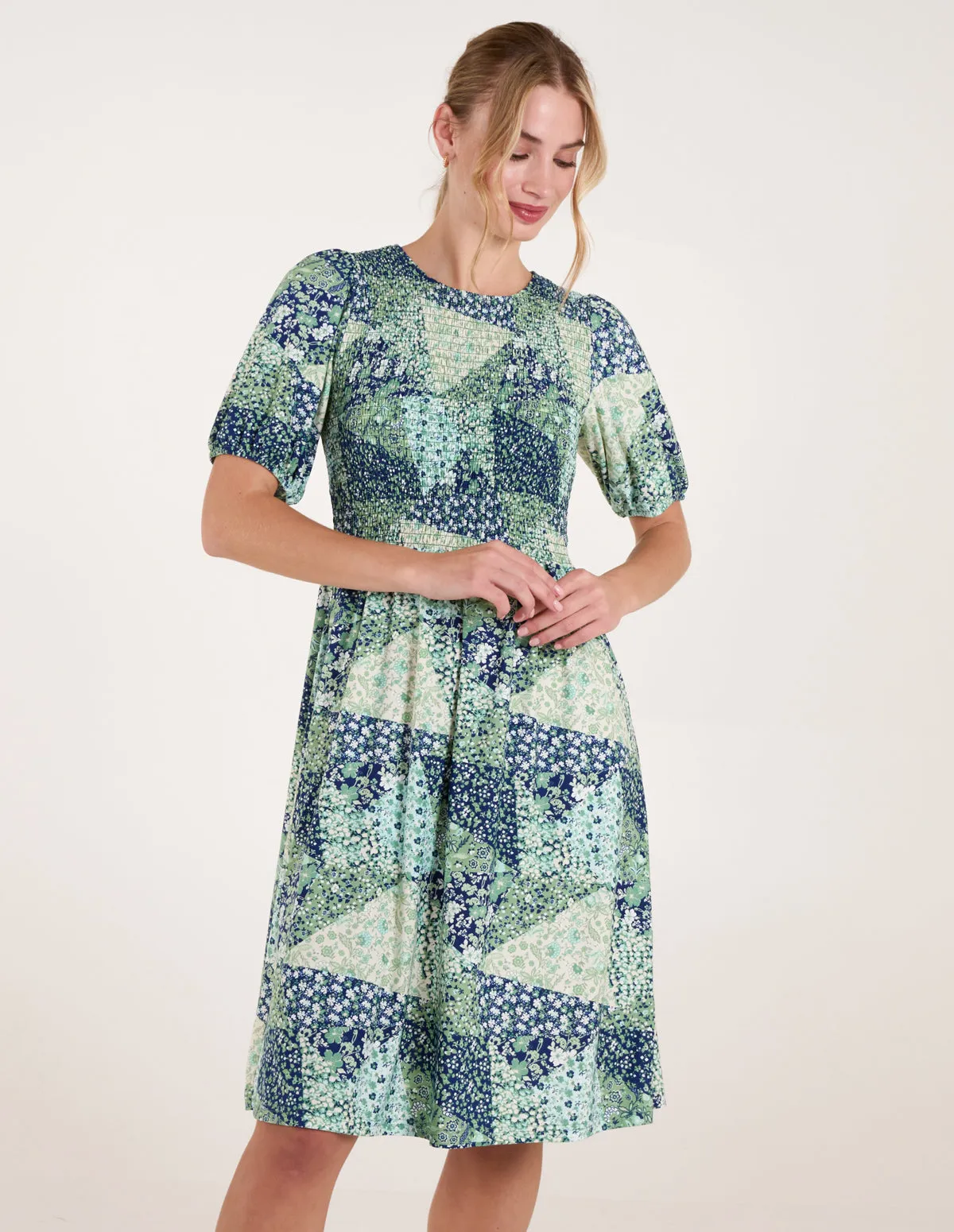 Shirred Bust Puff Sleeve Patchwork Mini Dress