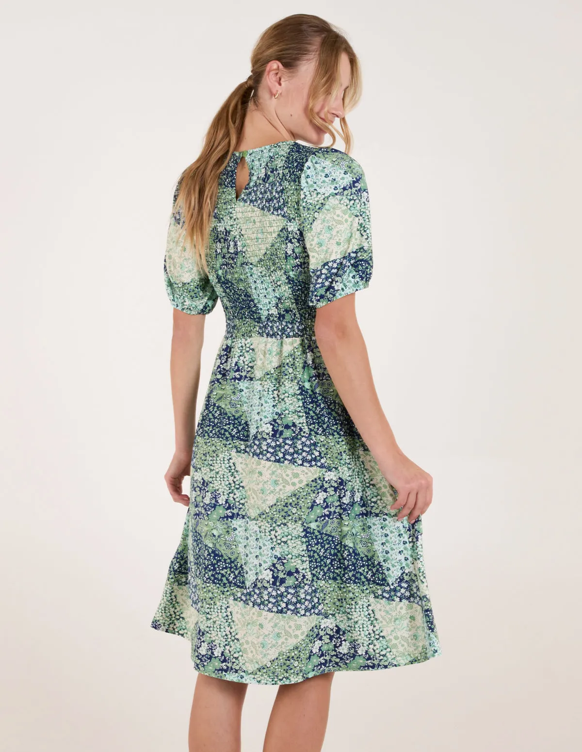 Shirred Bust Puff Sleeve Patchwork Mini Dress