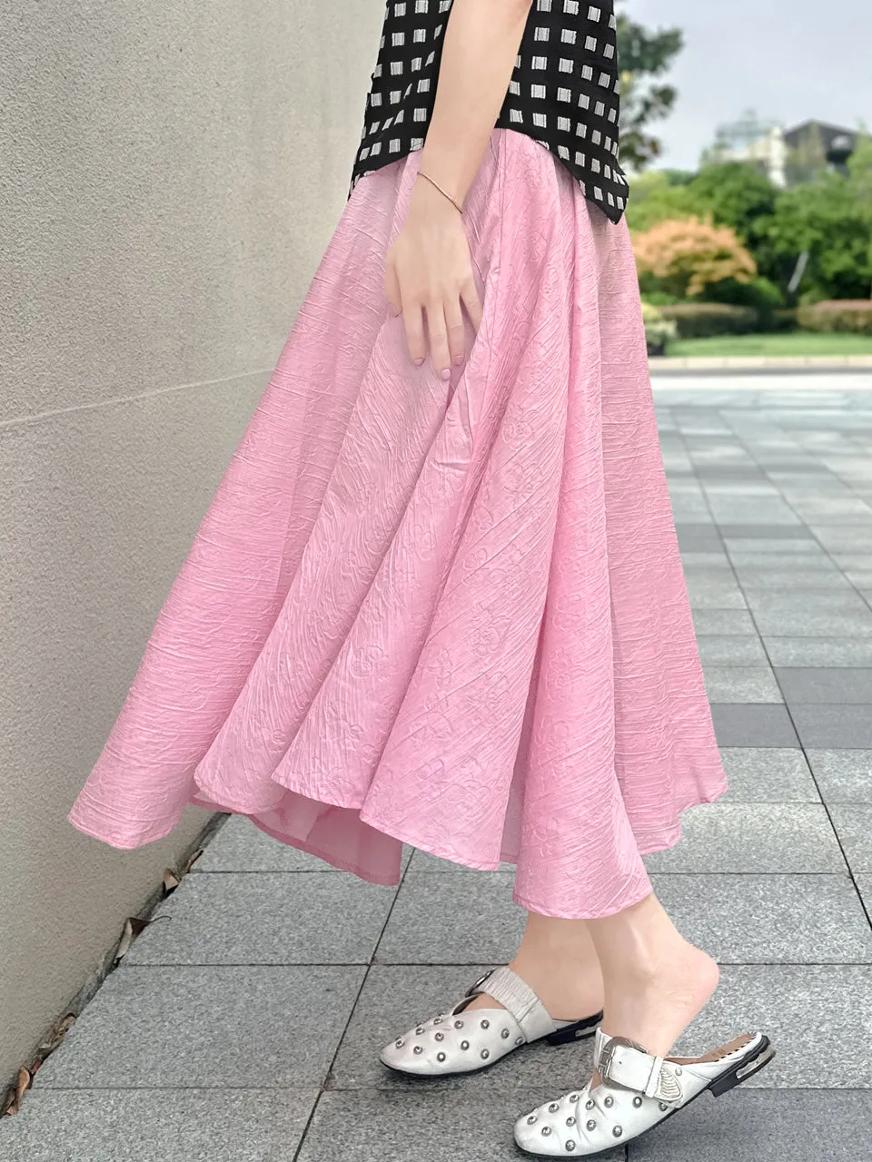 Soft Pink Luxurious Textured Elastic Waist Flare Skirt