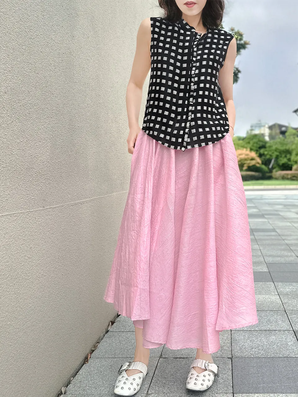 Soft Pink Luxurious Textured Elastic Waist Flare Skirt