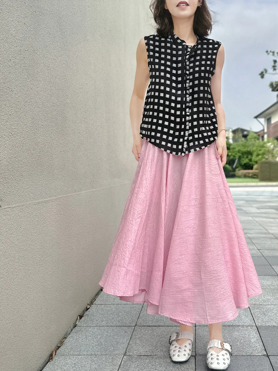 Soft Pink Luxurious Textured Elastic Waist Flare Skirt