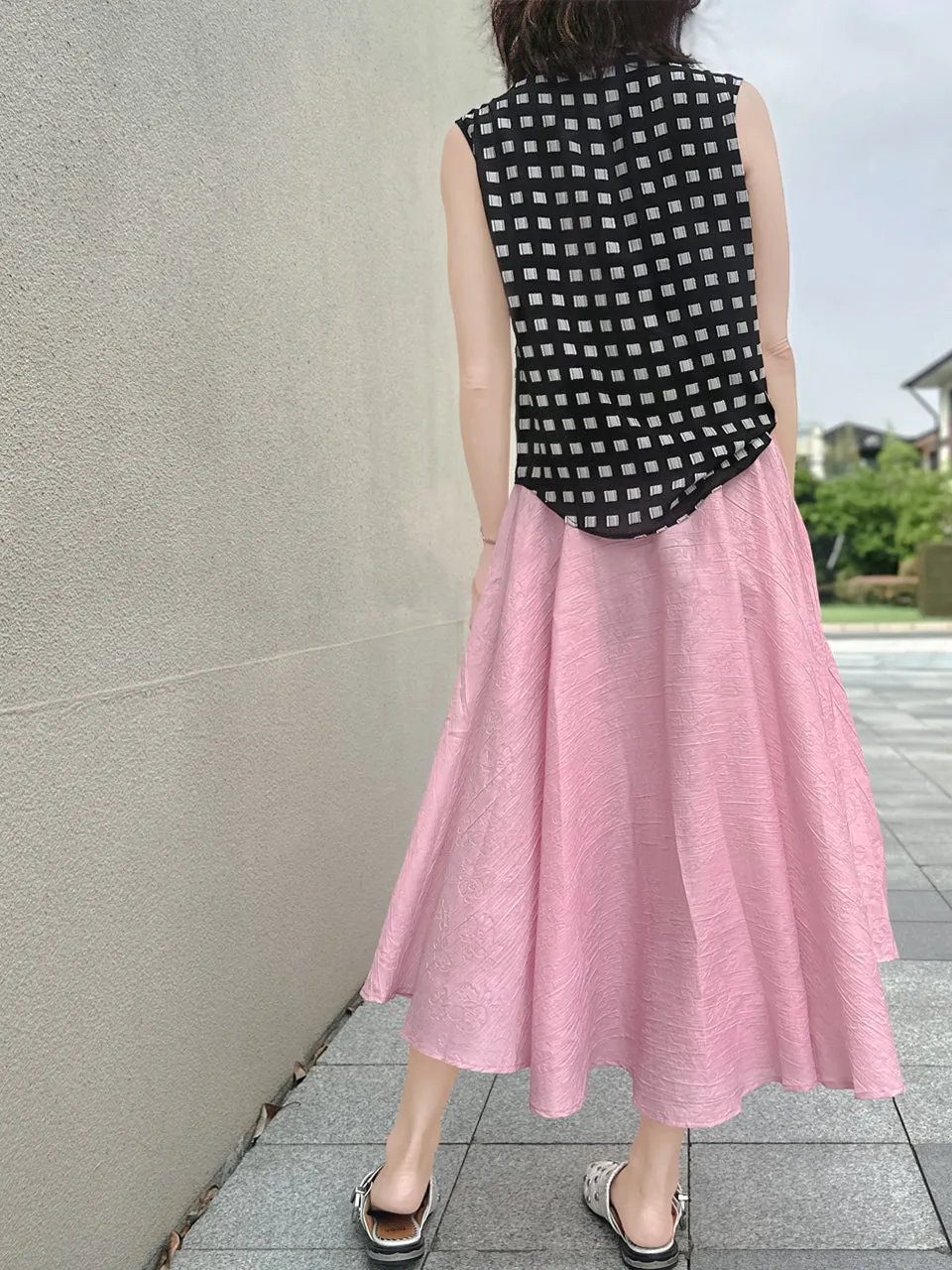 Soft Pink Luxurious Textured Elastic Waist Flare Skirt