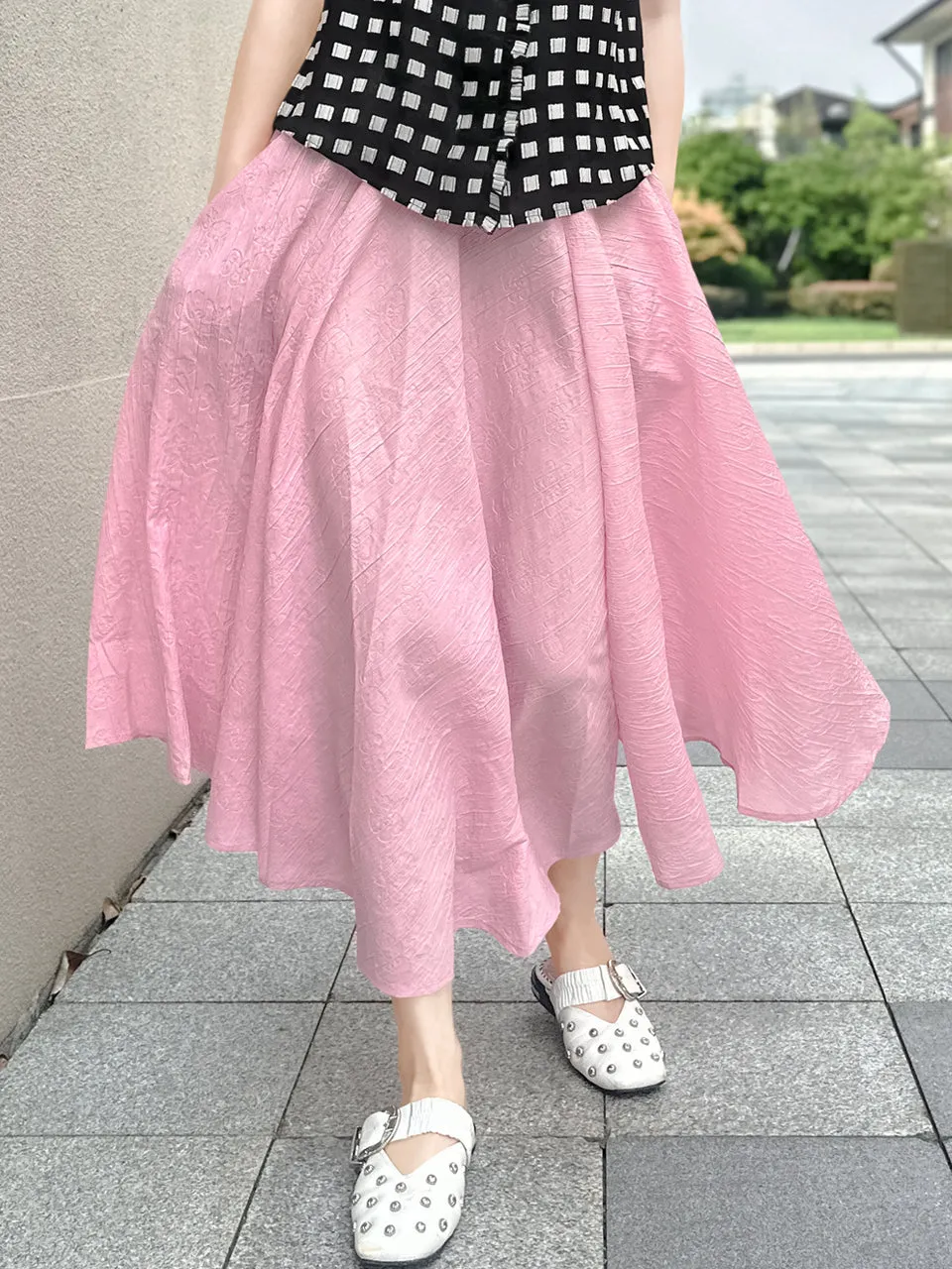 Soft Pink Luxurious Textured Elastic Waist Flare Skirt