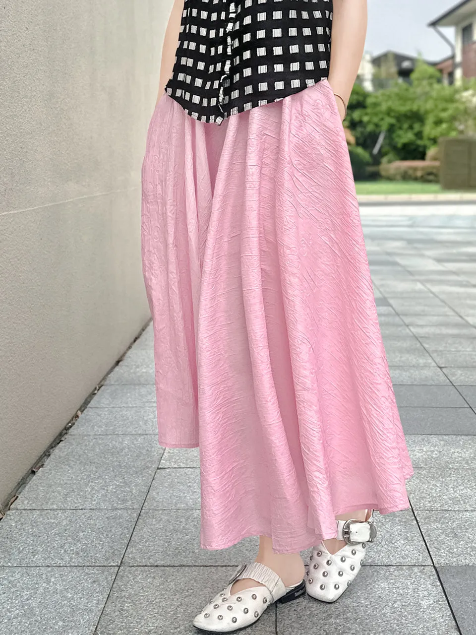 Soft Pink Luxurious Textured Elastic Waist Flare Skirt