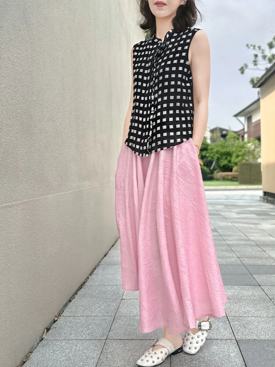 Soft Pink Luxurious Textured Elastic Waist Flare Skirt