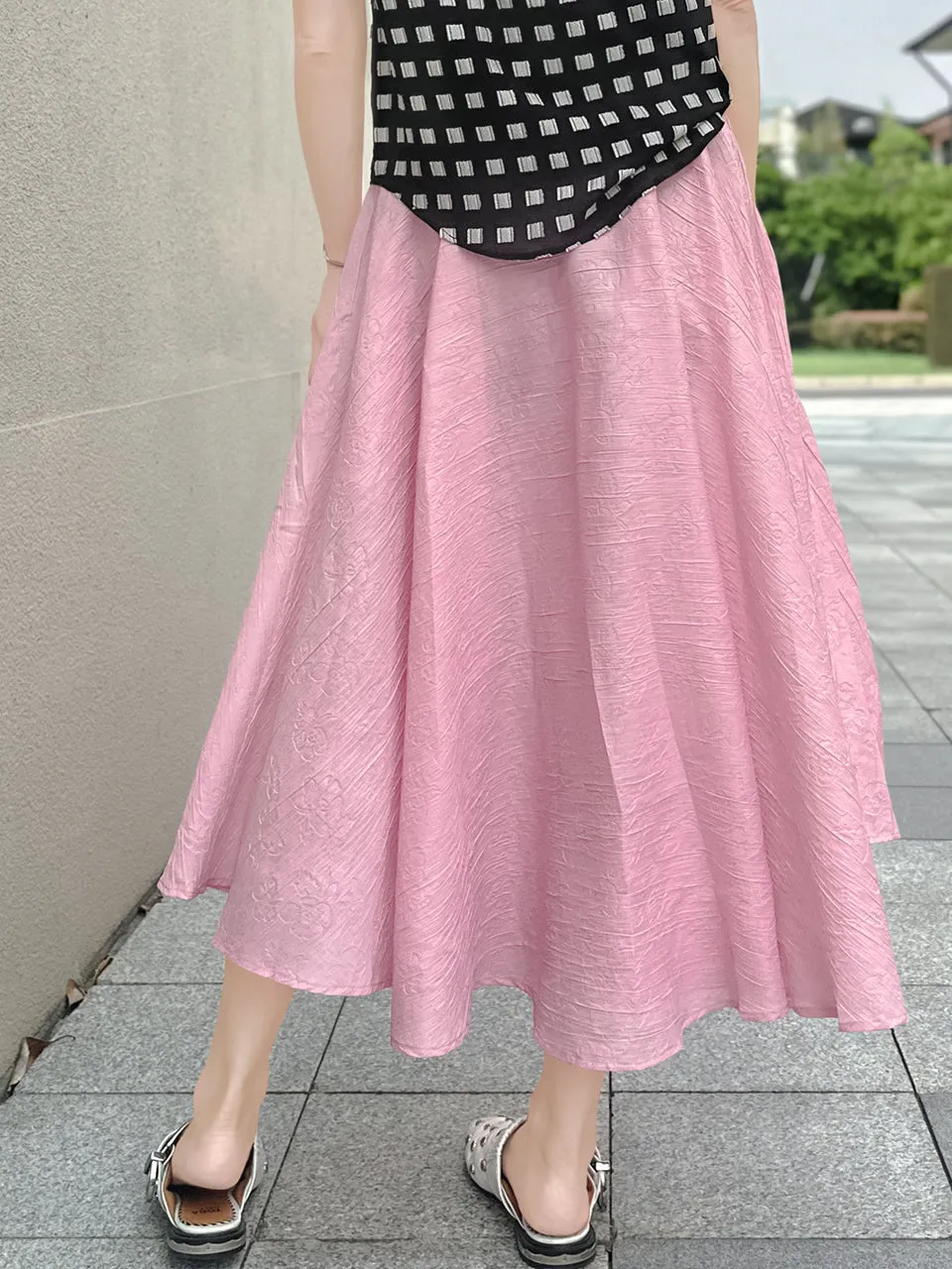 Soft Pink Luxurious Textured Elastic Waist Flare Skirt