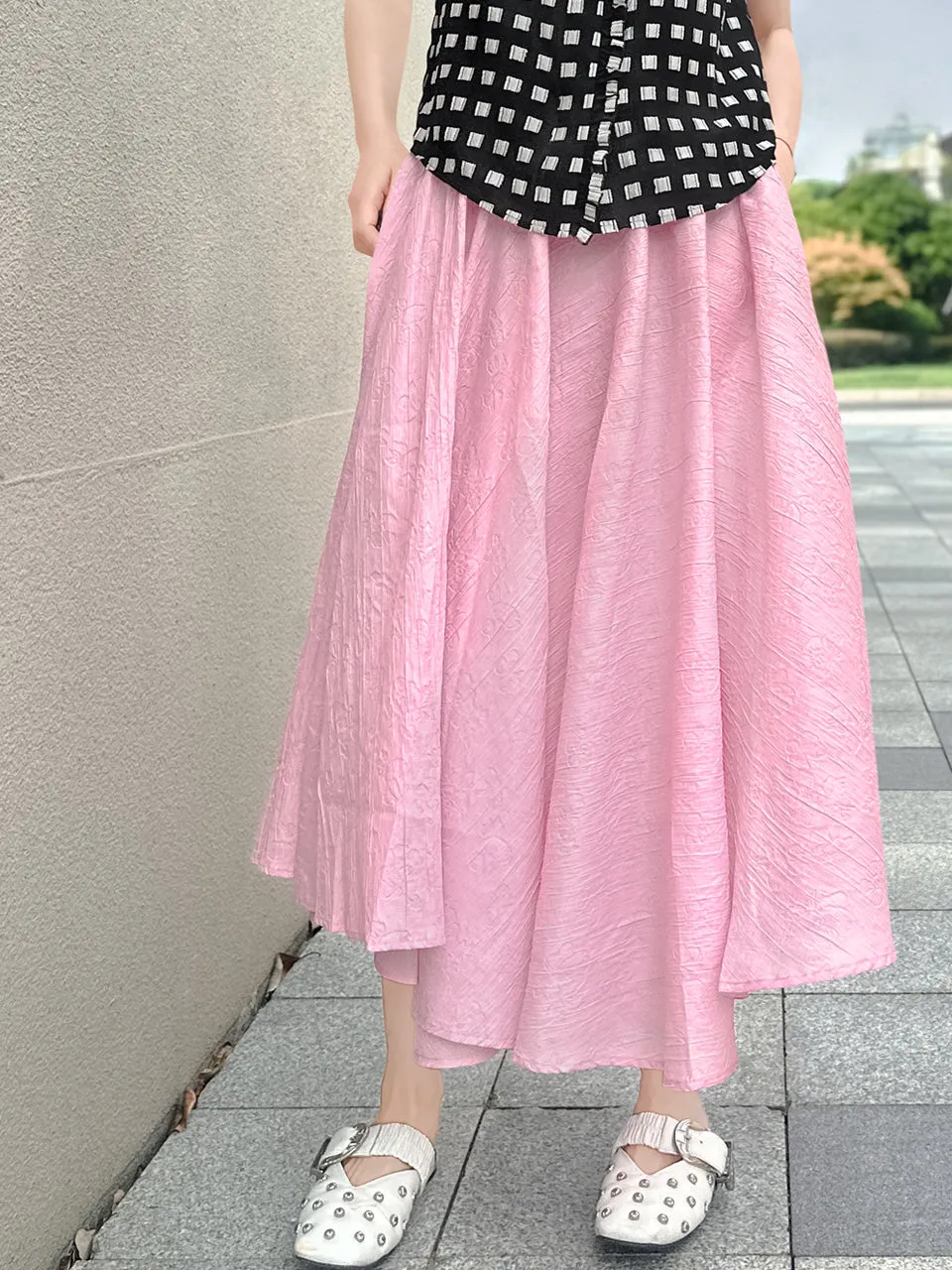 Soft Pink Luxurious Textured Elastic Waist Flare Skirt