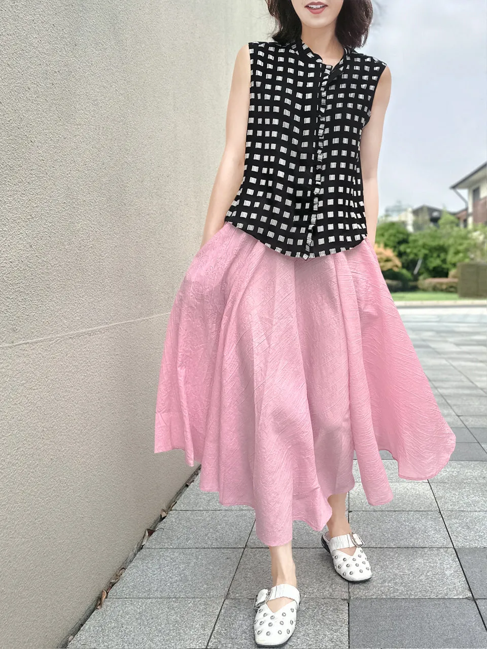 Soft Pink Luxurious Textured Elastic Waist Flare Skirt