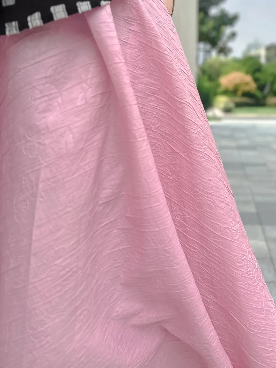 Soft Pink Luxurious Textured Elastic Waist Flare Skirt