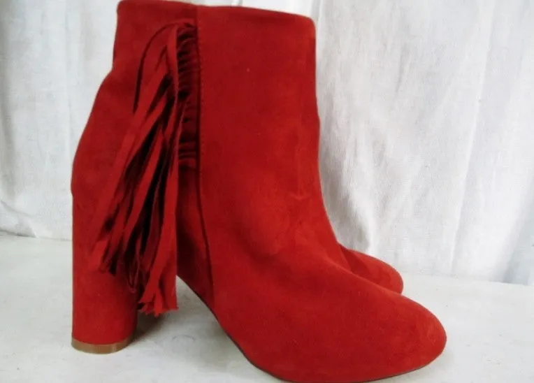 Womens NY & CO. FRINGED Faux SUEDE Leather BOOTS Shoes Booties MEDIUM ORANGE RED 7