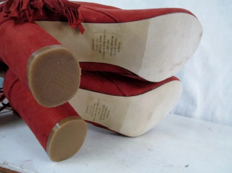 Womens NY & CO. FRINGED Faux SUEDE Leather BOOTS Shoes Booties MEDIUM ORANGE RED 7